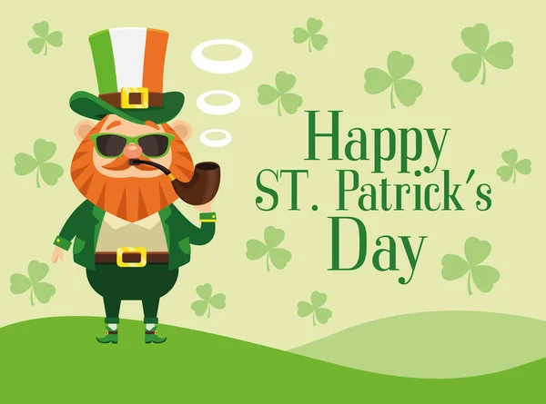 Happy saint patricks day schriftzug poster mit Kobold rauchende Pfeife — Stockvektor