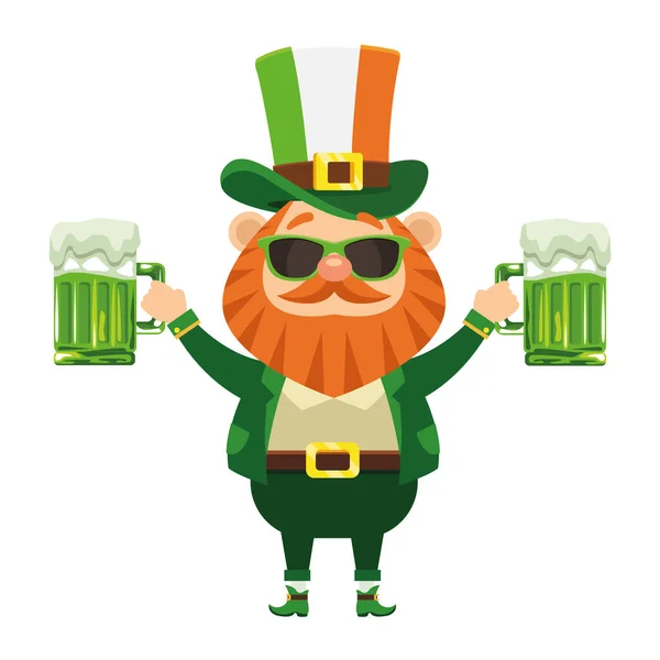 Santo patrick leprechaun personaggio con occhiali da sole bere birre — Vettoriale Stock