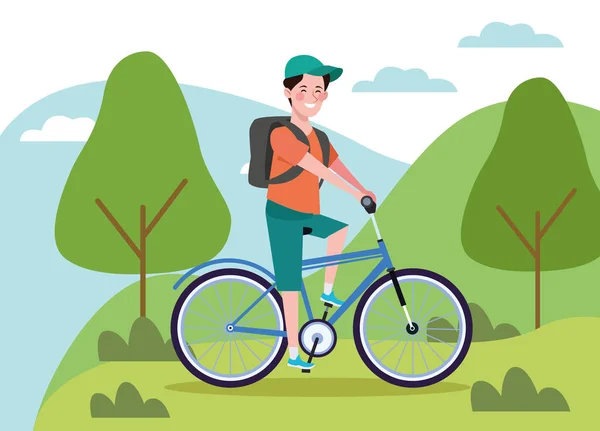 Hombre en bicicleta en el paisaje estilo de vida saludable — Vector de stock