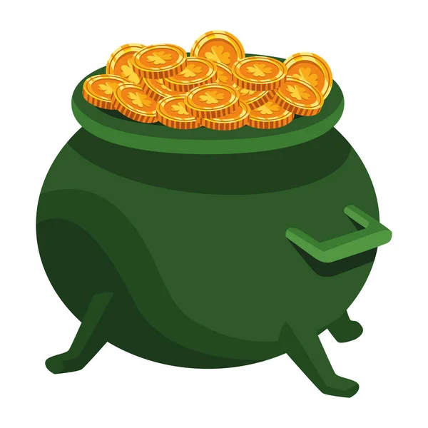 Caldero verde y monedas del tesoro santo patrick icono — Vector de stock
