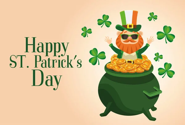 Happy saint patricks day lettering poster with leprechaun in treasure cauldron — Stock Vector