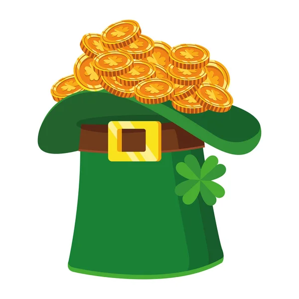 Leprechaun chapeau vert avec pièces trésor saint patrick icône — Image vectorielle