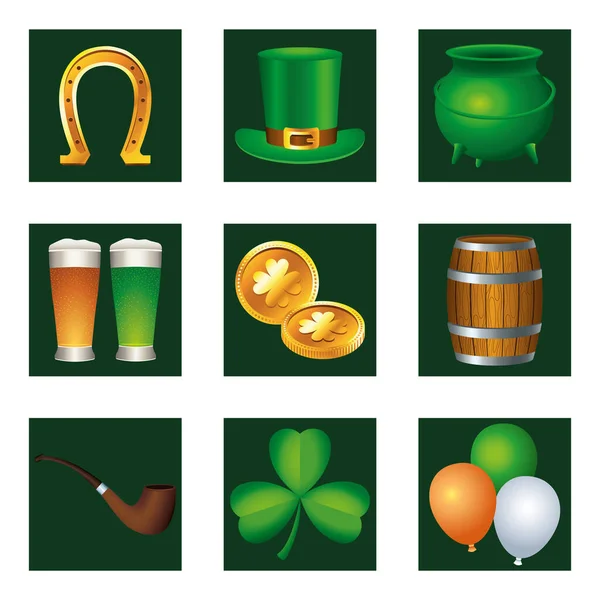 Bundle of nine happy saint patricks day set icons — Stock Vector