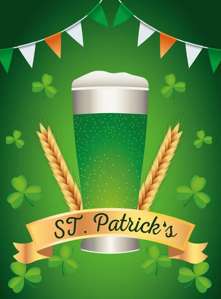 Heureux saint patricks jour affiche avec de la bière verte et des guirlandes — Image vectorielle