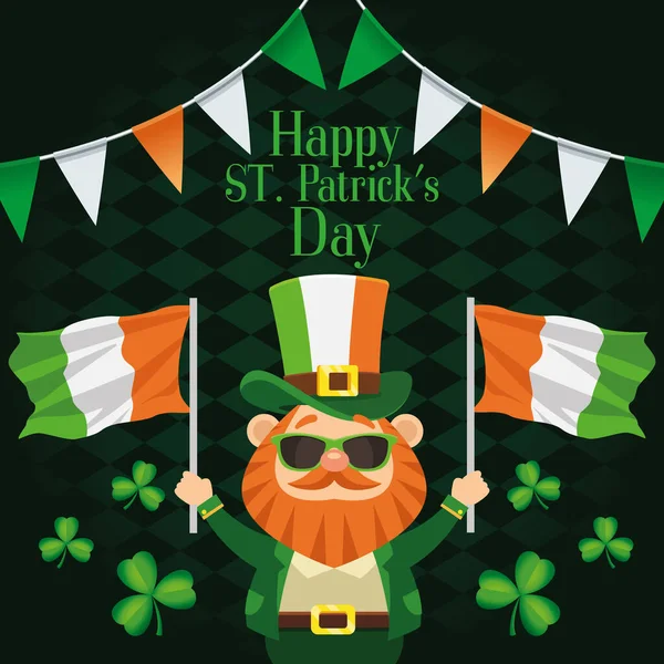 Χαρούμενη αφίσα του Αγίου Πατρικίου με το ξωτικό να σηκώνει σημαίες της Ιρλανδίας — Διανυσματικό Αρχείο