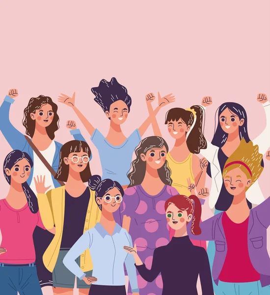 Groupe de dix belles jeunes femmes personnages célébrant — Image vectorielle