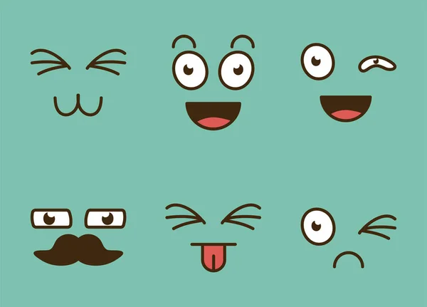 Pacote de seis desenhos animados rostos emoticons em fundo verde —  Vetores de Stock