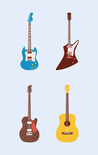 Cuatro guitarras instrumentos musicales establecer iconos — Vector de stock