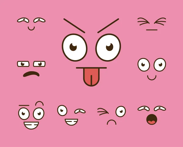 Dokuz karikatür yüzlü pembe arkaplanlı yüz ifadeleri — Stok Vektör