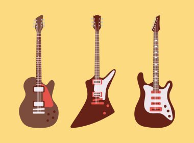 üç gitar enstrümanı müzikal sarı arkaplana simgeler koydu