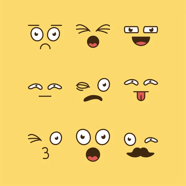 Wiązka dziewięciu kreskówek twarze emotikony w żółtym tle — Wektor stockowy