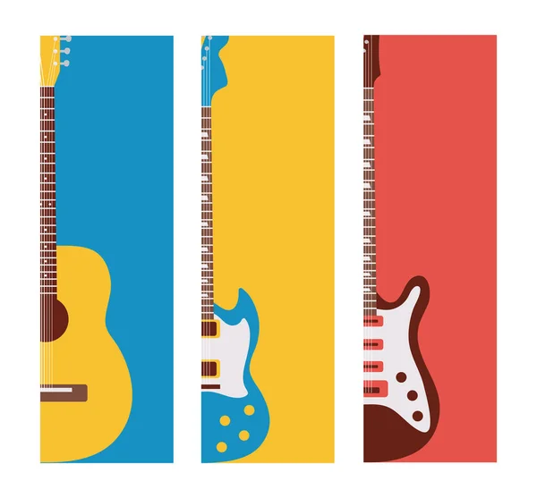 Tres guitarras instrumentos musicales en fondos de colores — Vector de stock