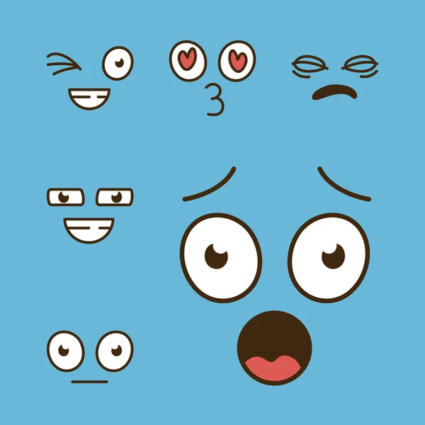 Pacote de seis desenhos animados rostos emoticons em fundo azul —  Vetores de Stock