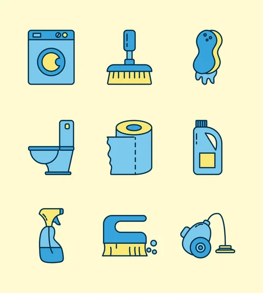 Conjunto de nove ícones de desinfecção e limpeza — Vetor de Stock