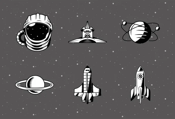 Paquete de seis parches espaciales conjunto de iconos — Archivo Imágenes Vectoriales