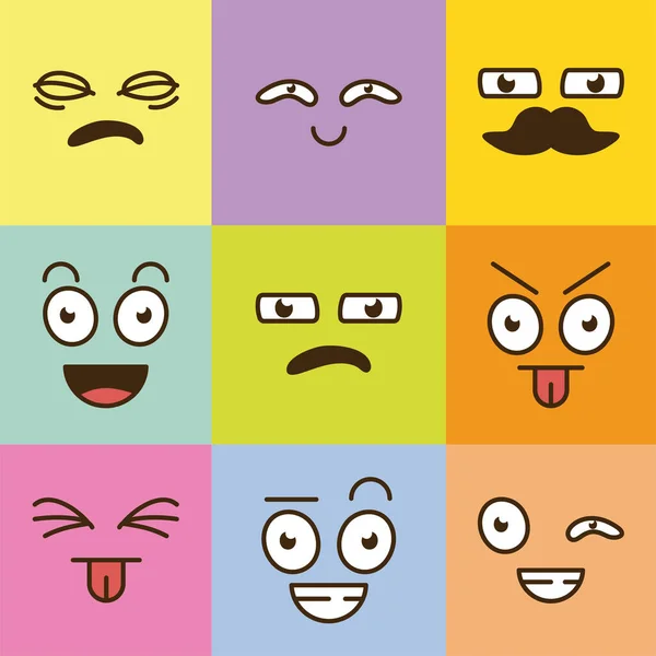 Pacote de nove desenhos animados rostos emoticons em cores definidas fundo — Vetor de Stock