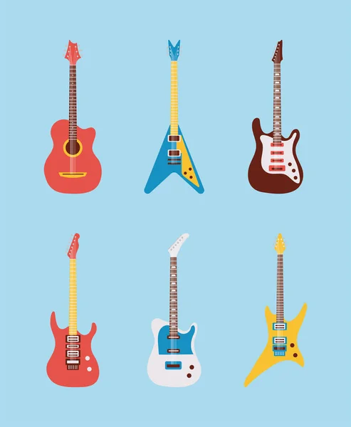 Seis guitarras instrumentos musicales establecer iconos — Vector de stock