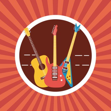 üç gitar enstrümanı dairesel çerçevede müzikaller