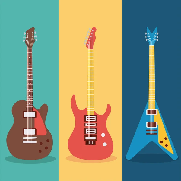 Tres guitarras instrumentos musicales establecer iconos en fondos de colores — Vector de stock