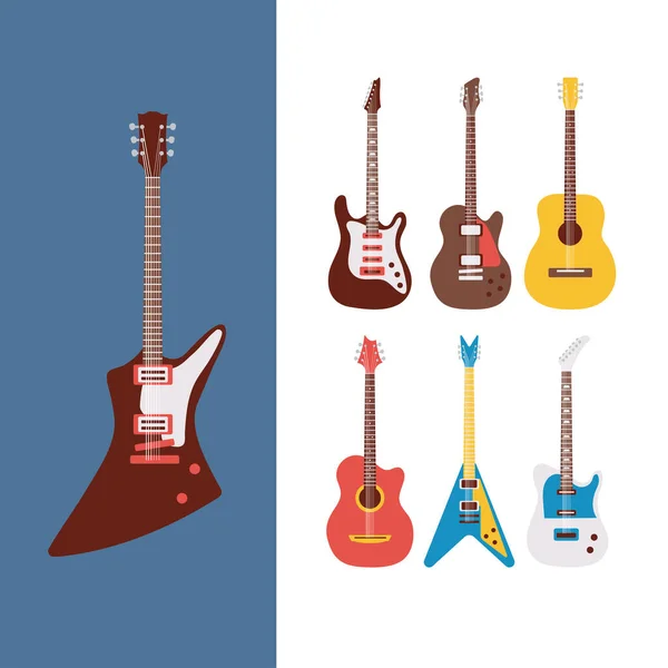 Sete instrumentos de guitarras musicais conjunto ícones — Vetor de Stock