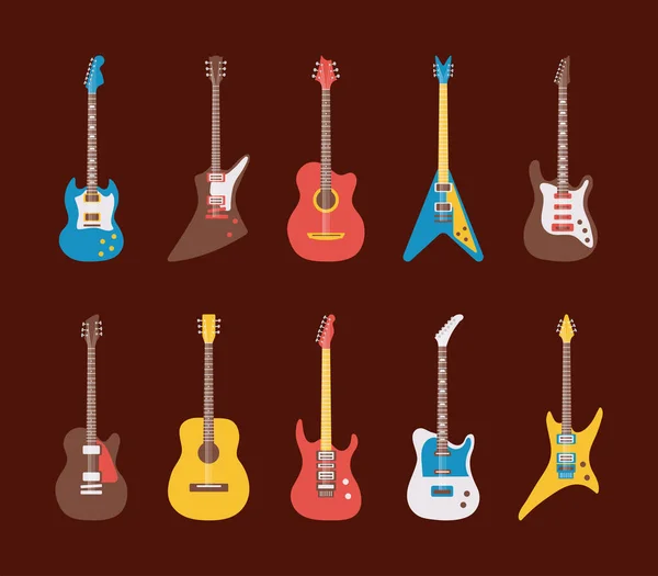 Dez instrumentos de guitarras musicais definir ícones — Vetor de Stock