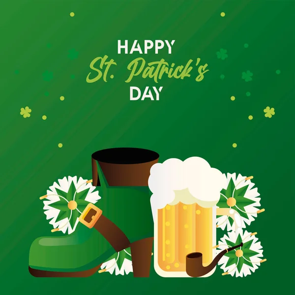 Gelukkige heilige patricks dag belettering met elf laars en groen bier — Stockvector