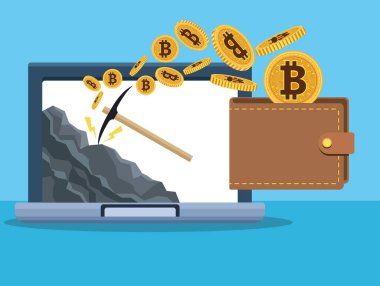 Cüzdanında bitcoins ve dizüstü bilgisayarda mayın penası