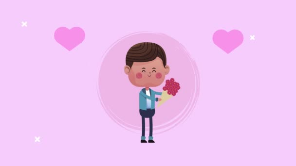 Cute lover boy with roses bouquet and hearts — Stock Video