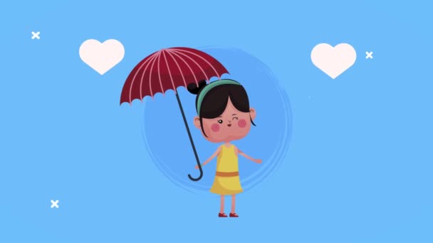 Schattig minnaar vriendin met harten en paraplu karakter — Stockvideo
