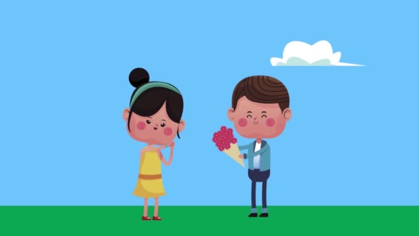 Søte, lille elskende par med gutt som gir roser bukett figurer – stockvideo
