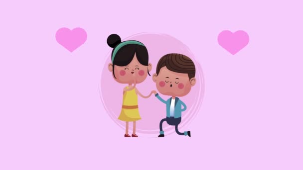 Маленькі коханці пара з сердечками плаваючі персонажі — стокове відео