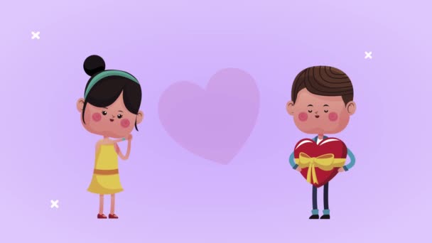Cute little lovers couple with boy giving heart gift characters — Stock Video