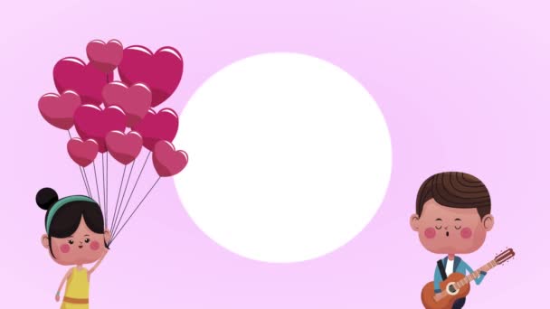 Cute little lovers couple with hearts balloons helium and guitar — Stock Video