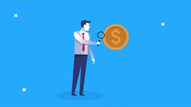 Büyüteç ve bozuk parayla zarif bir işadamı.