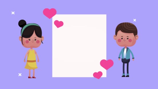 Cute little lovers couple with hearts floating in square frame — Stock Video