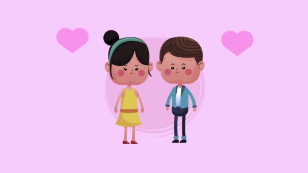 Cute little lovers couple with hearts floating characters — Stock Video