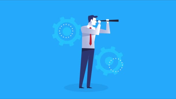 Elegant businessman worker with telescope and gears — Stock Video