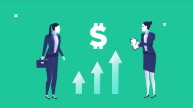 Dolar sembolü ve okları olan zarif iş kadını işçiler