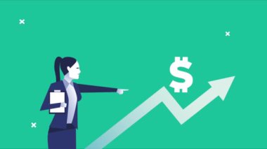 Zarif bir iş kadını. Dolar sembolü ve oku dizinliyor.