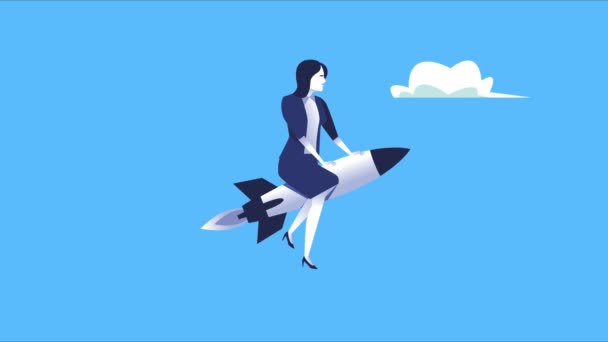 Pengusaha wanita elegan dengan karakter peluncur roket — Stok Video