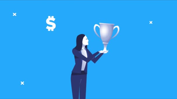 Elegante mujer de negocios trabajador levantando trofeo taza con símbolos de dólares — Vídeos de Stock
