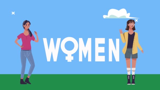 Feliz dia das mulheres lettering cartão com as meninas no acampamento — Vídeo de Stock