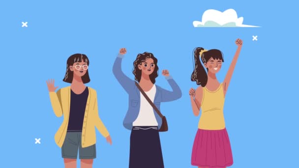 Glada unga flickor vänner firar tecken — Stockvideo