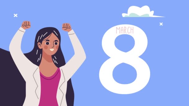 Glückliche Frauentagskarte mit glücklichem Mädchen und acht Zahlen — Stockvideo
