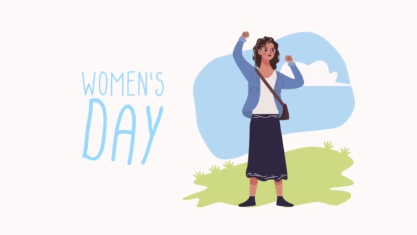 Joyeux jour des femmes carte de lettrage avec femme dans le camp — Video