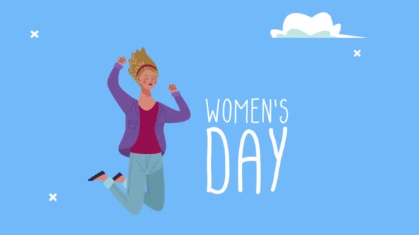 Happy womens dag bokstäver kort med ung flicka hoppning — Stockvideo