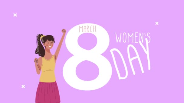 Feliz dia das mulheres lettering cartão com a menina — Vídeo de Stock