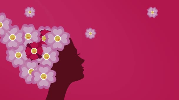 Gelukkig vrouwen dag belettering kaart met profiel meisje en bloemen haar — Stockvideo