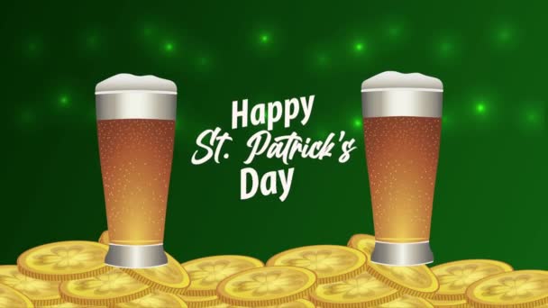 Szczęśliwy święty Patricks dzień literowania z piwami i monetami — Wideo stockowe