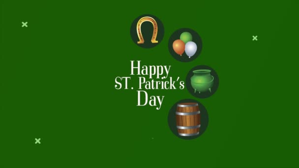 Happy saint patricks day lettering with set icons around — Stock Video